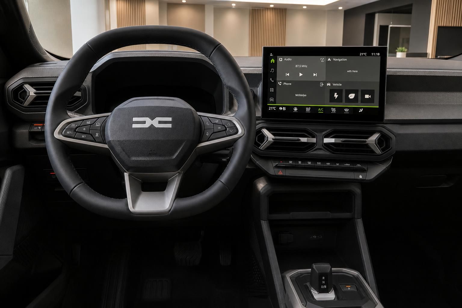 Dacia Duster Hybrid Cockpit mit Lenkrad, Touchscreen-Infotainment und Automatikgetriebe