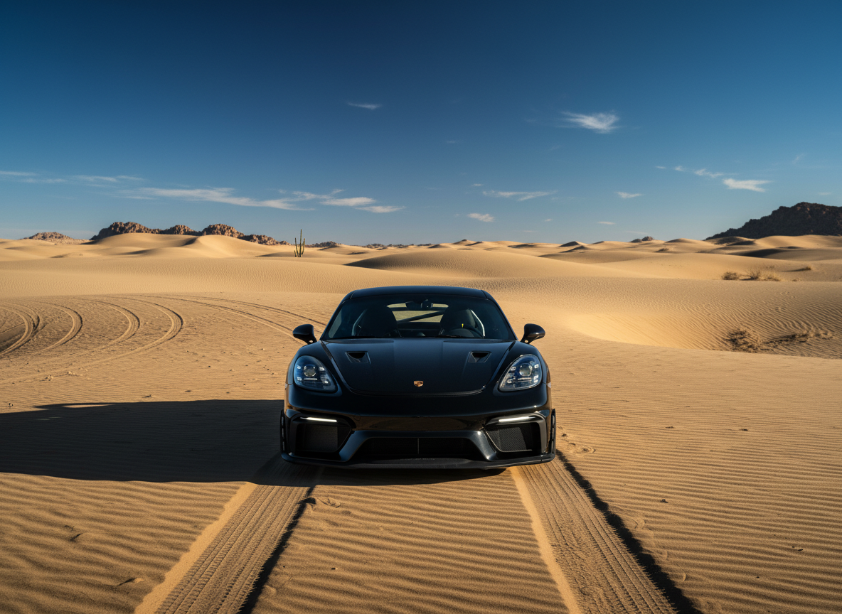 Schwarzer Porsche 718 Cayman GT4 RS Sportwagen in modernem Porsche Showroom mit großen Glasfenstern, roter Akzentwand und beleuchtetem Porsche Logo