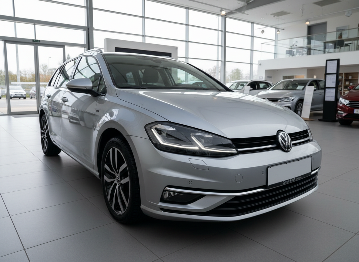 Silberner VW Golf Variant Kombi im Autohaus Showroom – Volkswagen Golf 7 Facelift