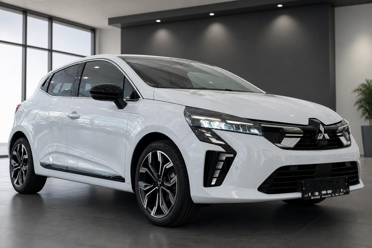 Weißer Renault Clio Frontansicht seitlich im Autohaus Showroom