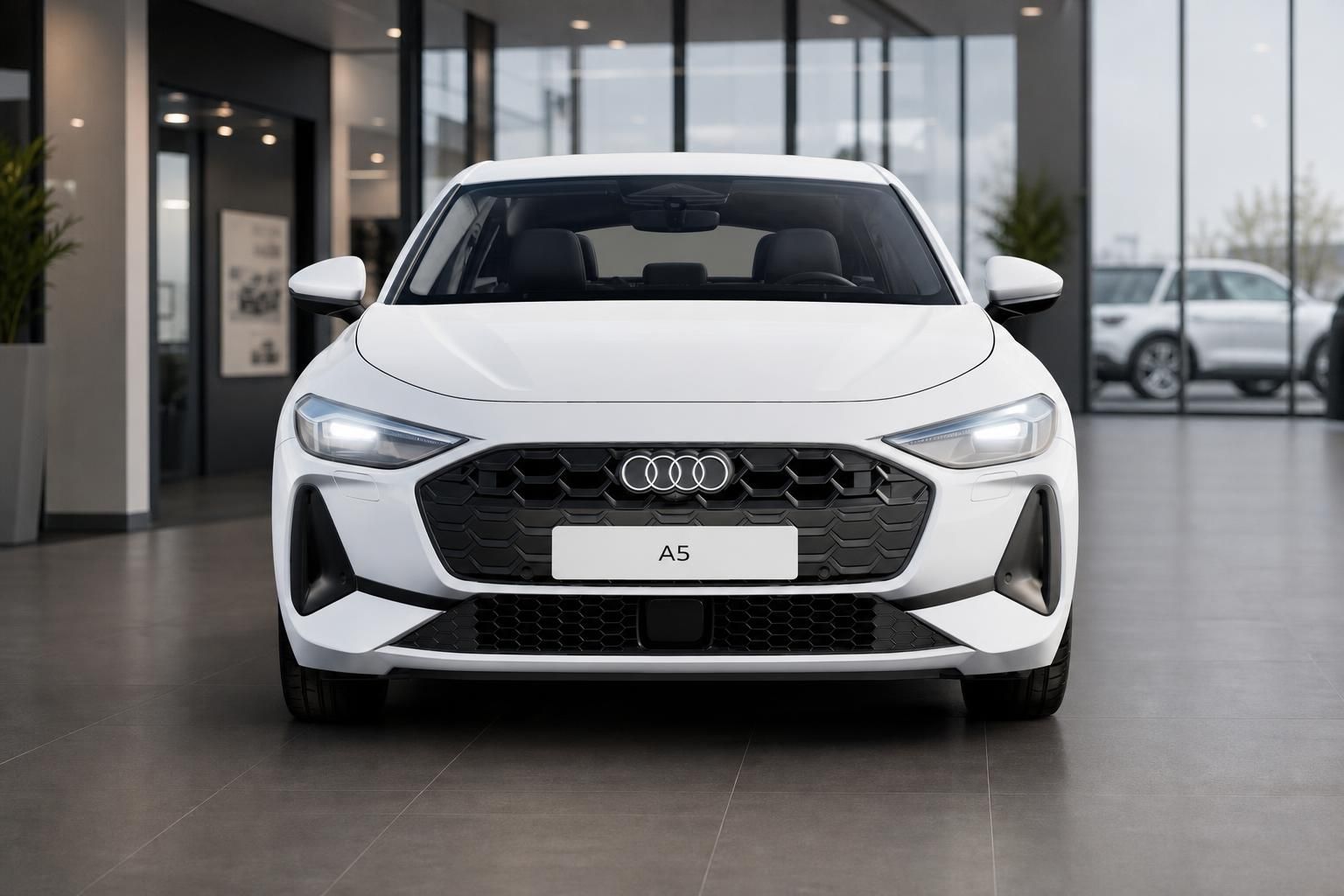 Audi A5 weiß, Frontansicht mit LED-Scheinwerfern im Showroom