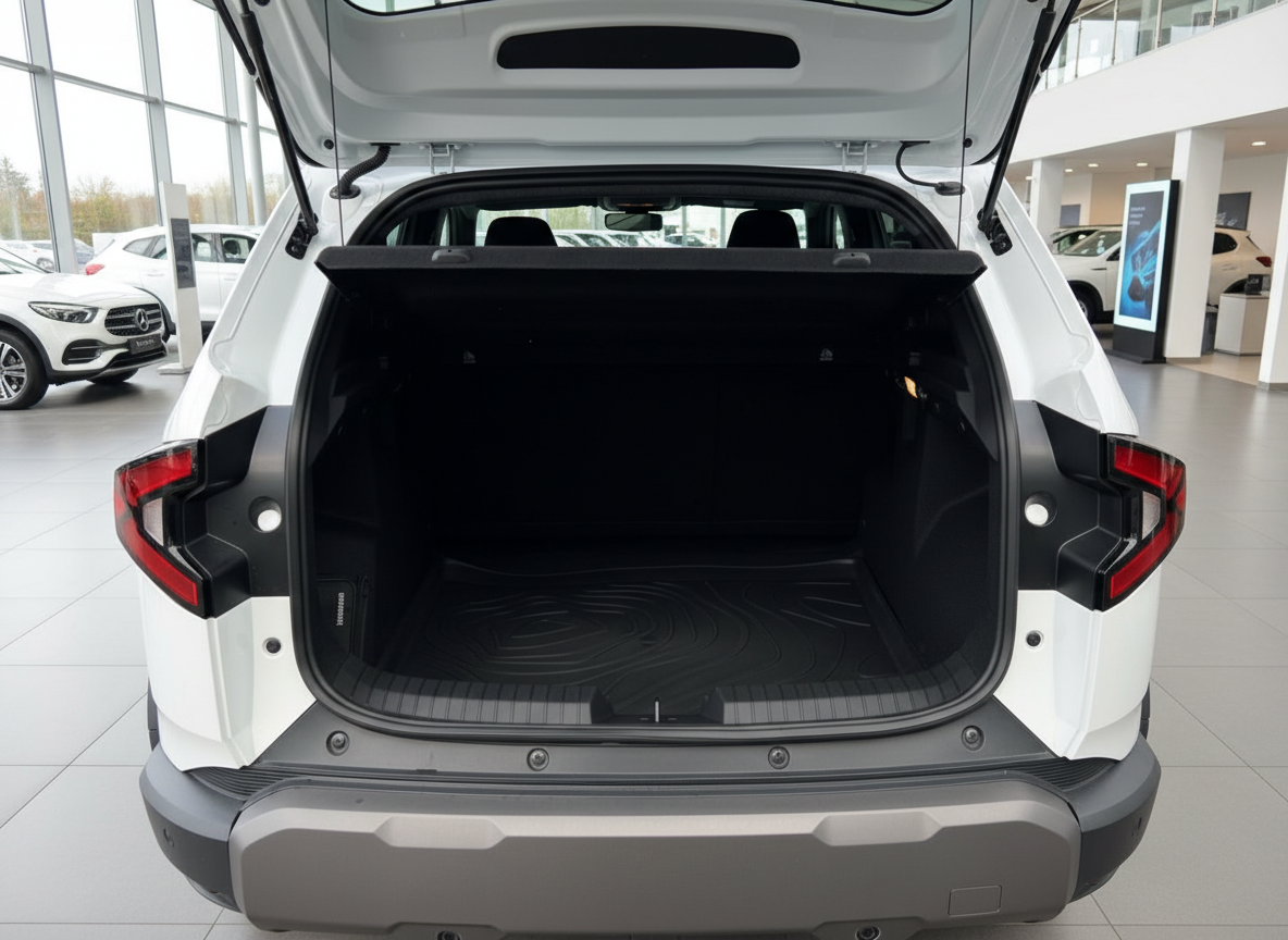 Weißer SUV mit geöffneter Heckklappe und großem Kofferraum im Autohaus