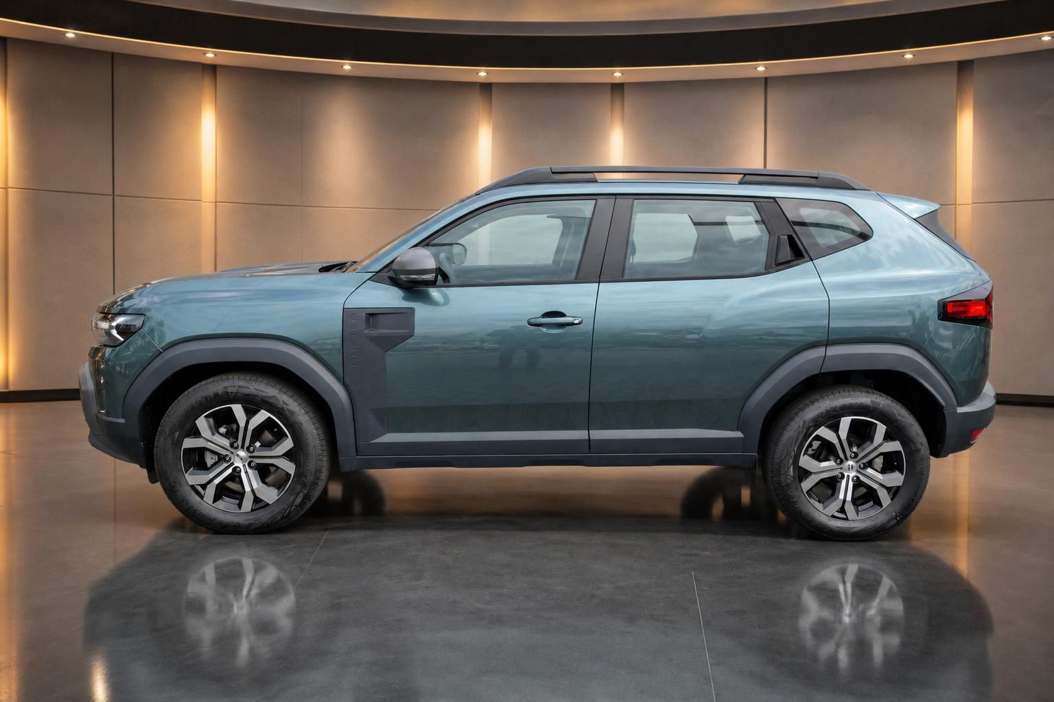 Dacia Duster grün Seitenansicht im Showroom