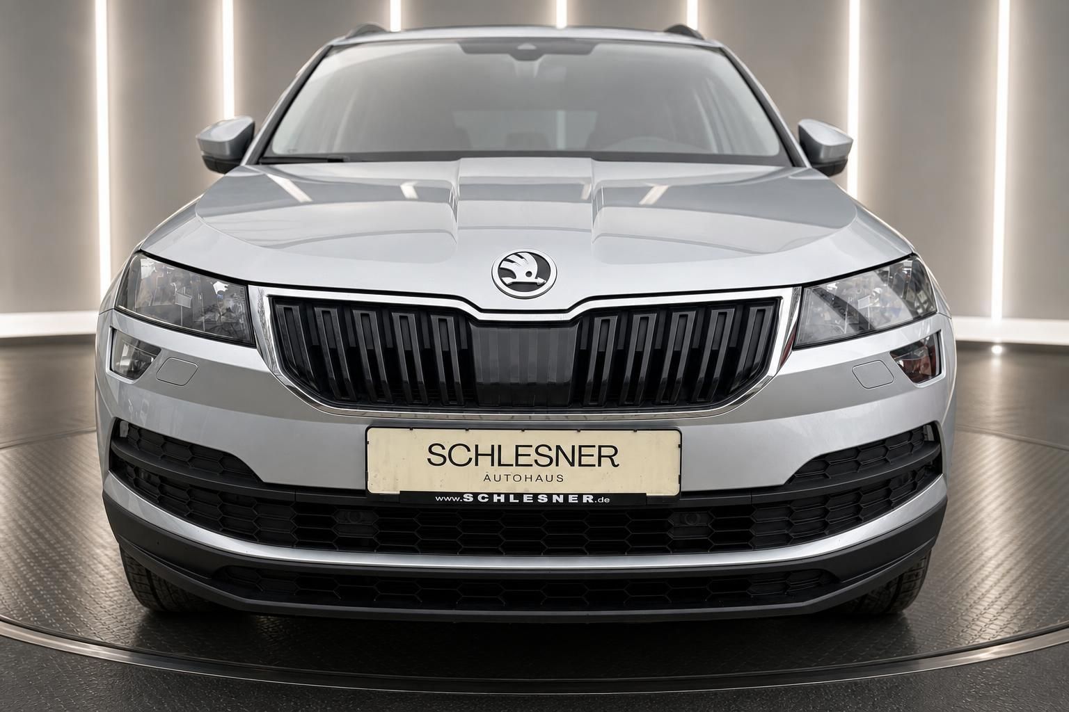 Skoda Karoq silber SUV Frontalansicht mit Kuehlergrill Detail