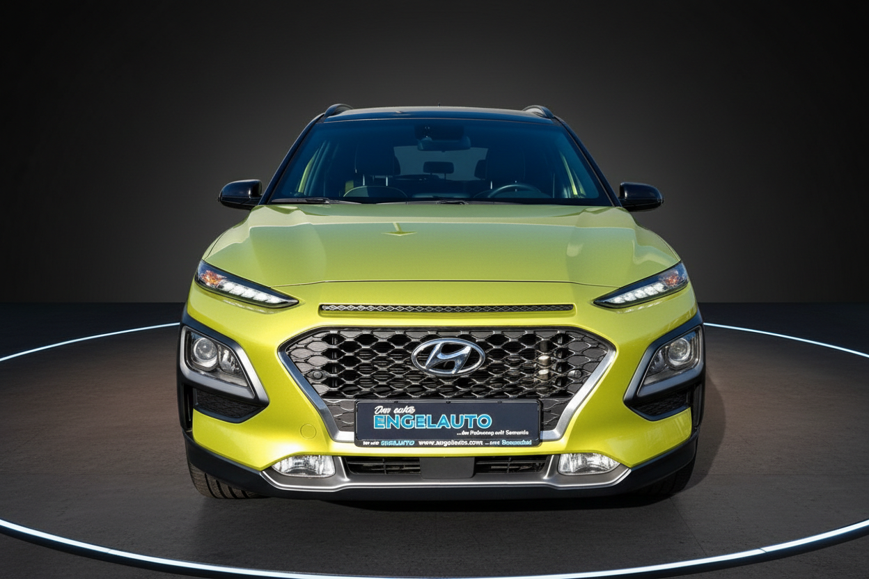 Hyundai Kona in Gelbgrün Frontansicht – Kompakt-SUV mit schwarzem Dach bei Engelauto