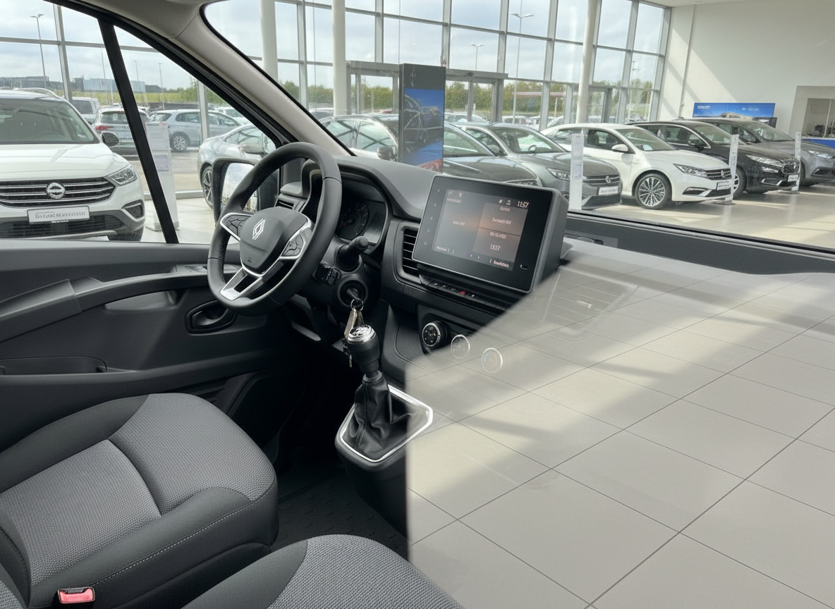 Renault Trafic Innenraum mit Lenkrad, Schaltgetriebe und Touchscreen-Infotainment im Autohaus