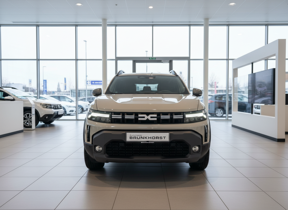 Dacia Duster SUV Frontansicht im Autohaus Brunkhorst Showroom, beige/champagner Farbe