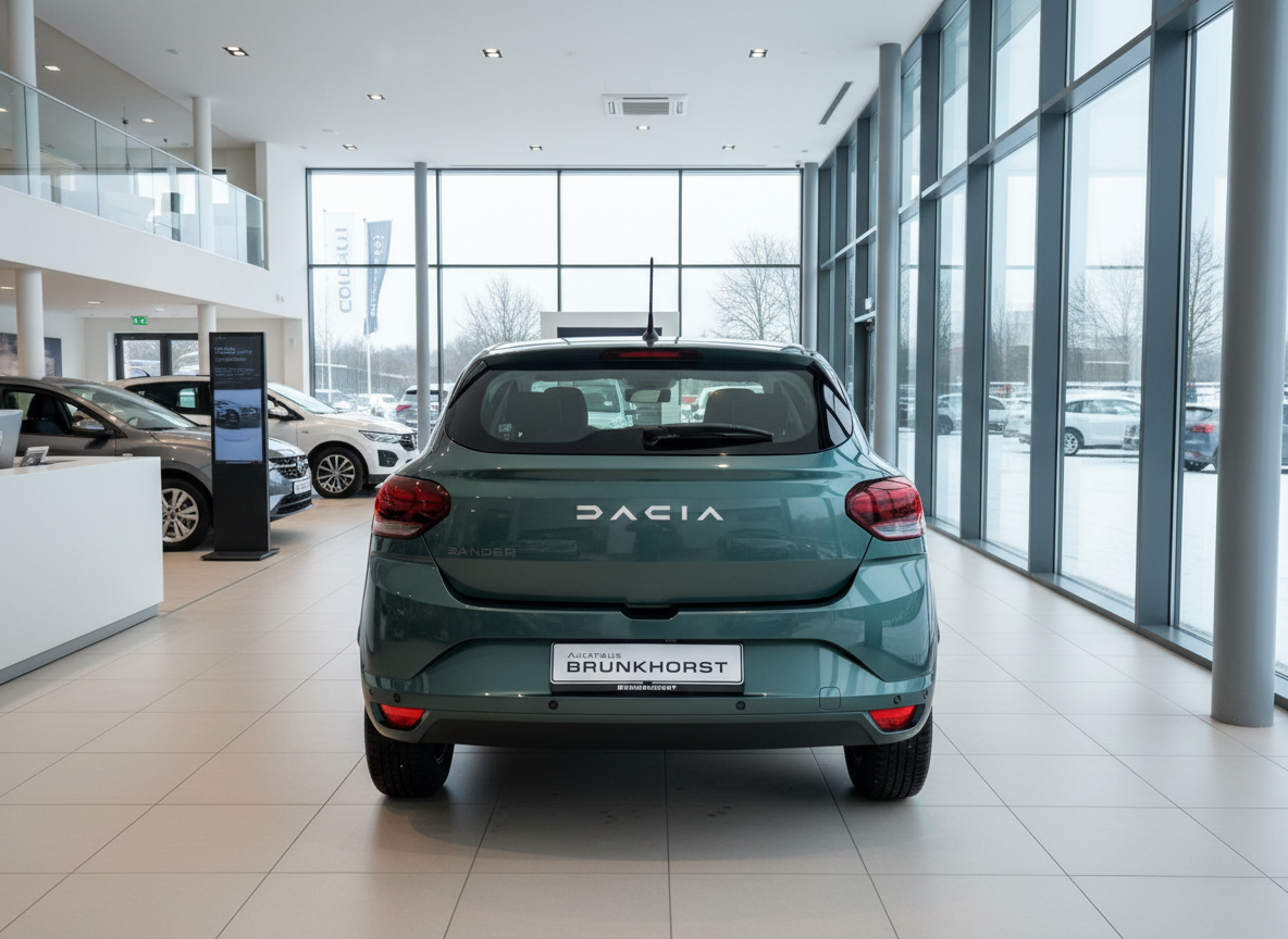 Dacia Sandero in Grün Heckansicht im Autohaus Brunkhorst Showroom