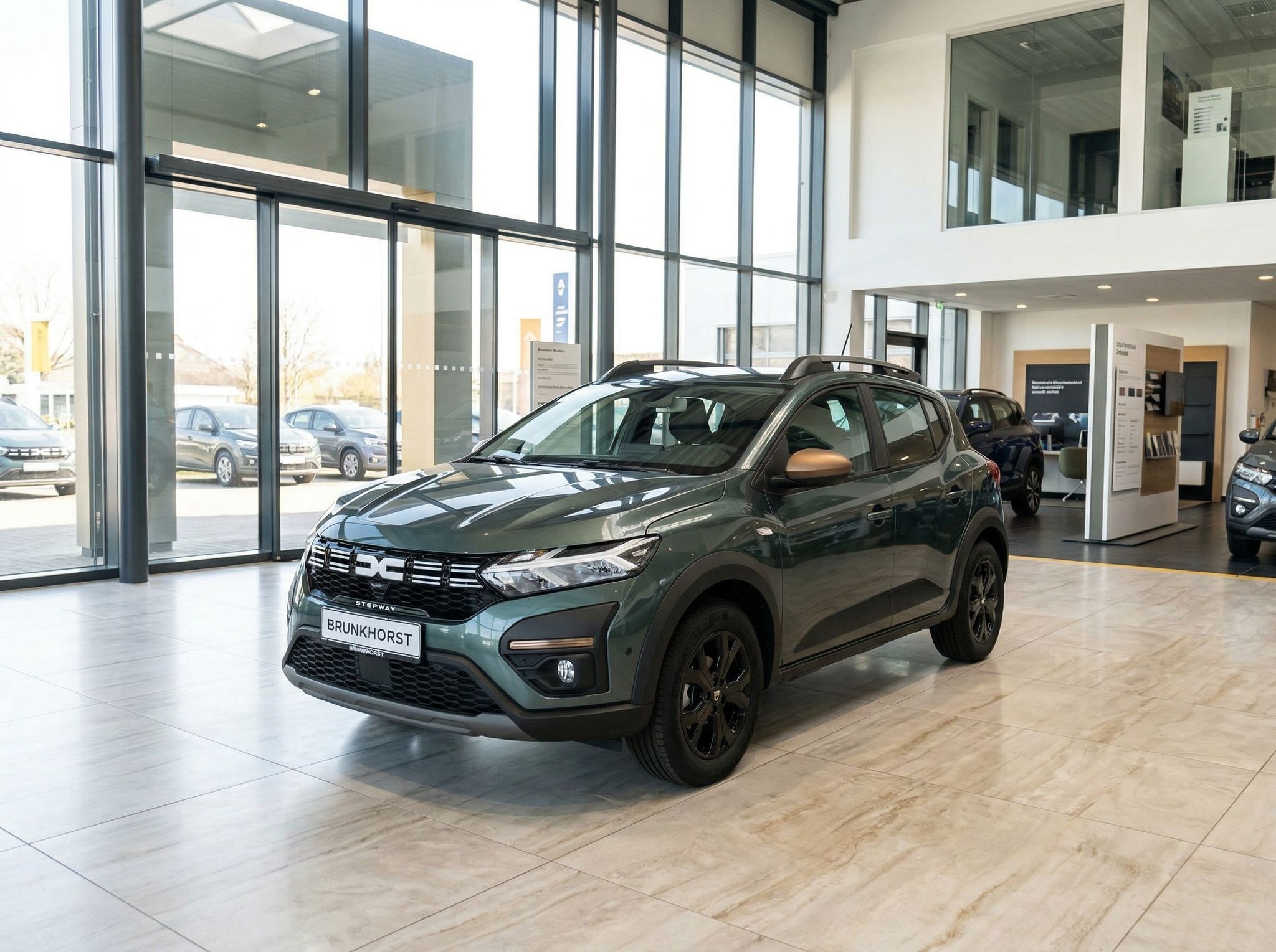 Dacia Sandero Stepway in grün-metallic im Autohaus Showroom - Dreiviertel-Frontansicht