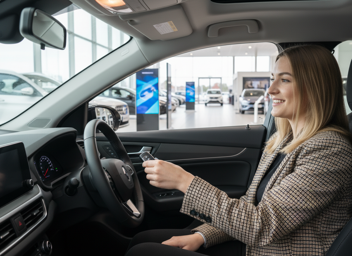 Frau im Fahrzeuginnenraum eines Renault hält Autoschlüssel im Autohaus