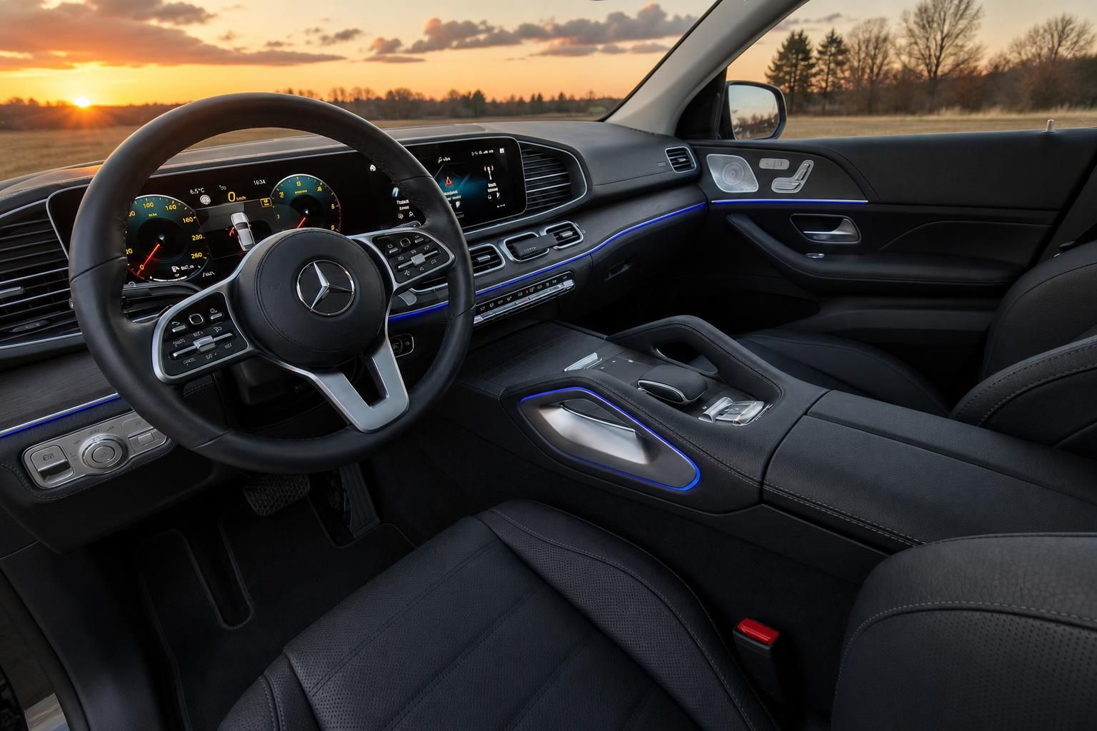 Mercedes Cockpit mit digitalem Display und Lenkrad bei Sonnenuntergang