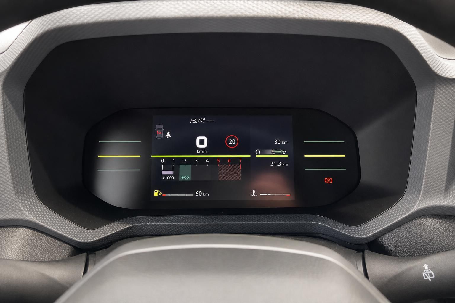 Digitales Kombiinstrument mit Tacho und Fahrdaten im Fahrzeug