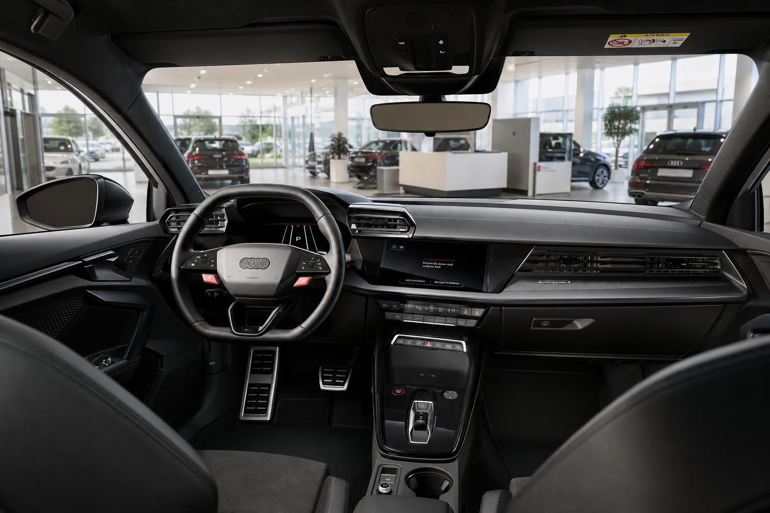 Audi Innenraum Cockpit mit Lenkrad, MMI Touchscreen und digitaler Instrumententafel im Autohaus