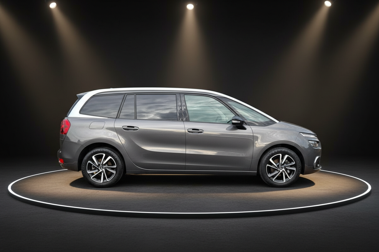 Citroën Grand C4 Picasso in Grau, Seitenansicht, 7-Sitzer Familien-Van mit weißem Dach