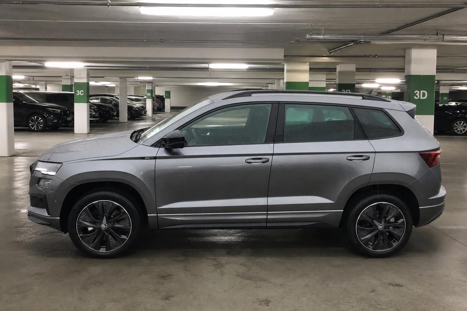 Skoda Karoq grau Seitenansicht im Parkhaus mit schwarzen Leichtmetallfelgen