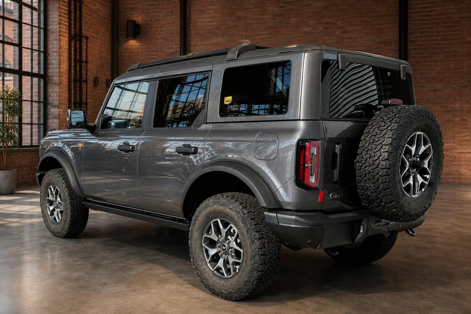Ford Bronco grau Heckansicht schräg rechts mit Reserverad in Industriehalle