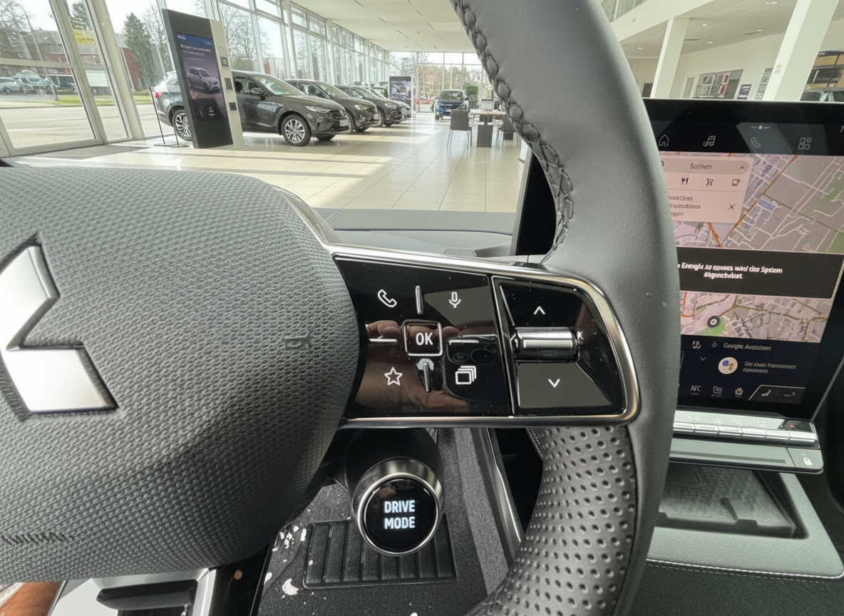 Mitsubishi Innenraum Lenkrad mit Multifunktionstasten und Drive Mode Knopf im Autohaus