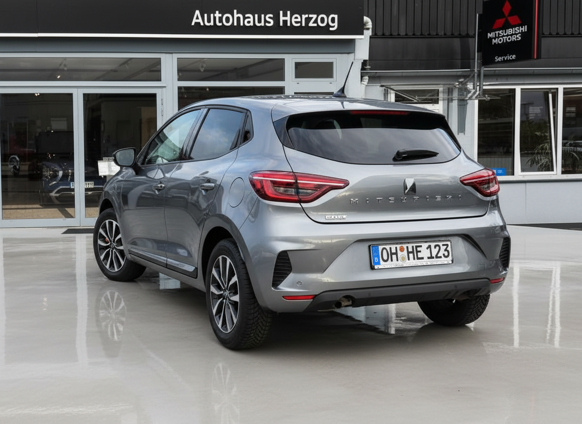 Mitsubishi Colt grau Heckansicht vor Autohaus Herzog Mitsubishi Händler