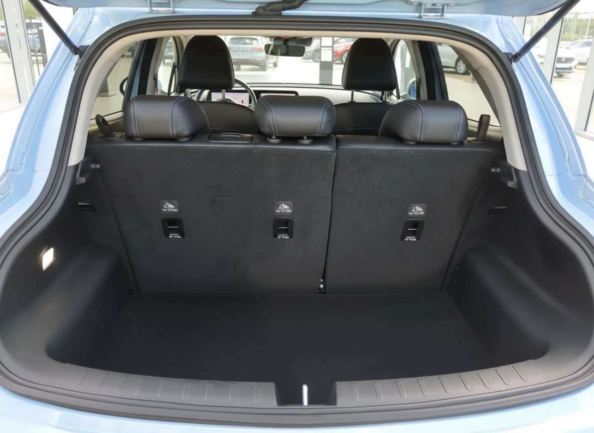 Kofferraum eines hellblauen SUV mit schwarzen Ledersitzen und aufgeklappter Heckklappe