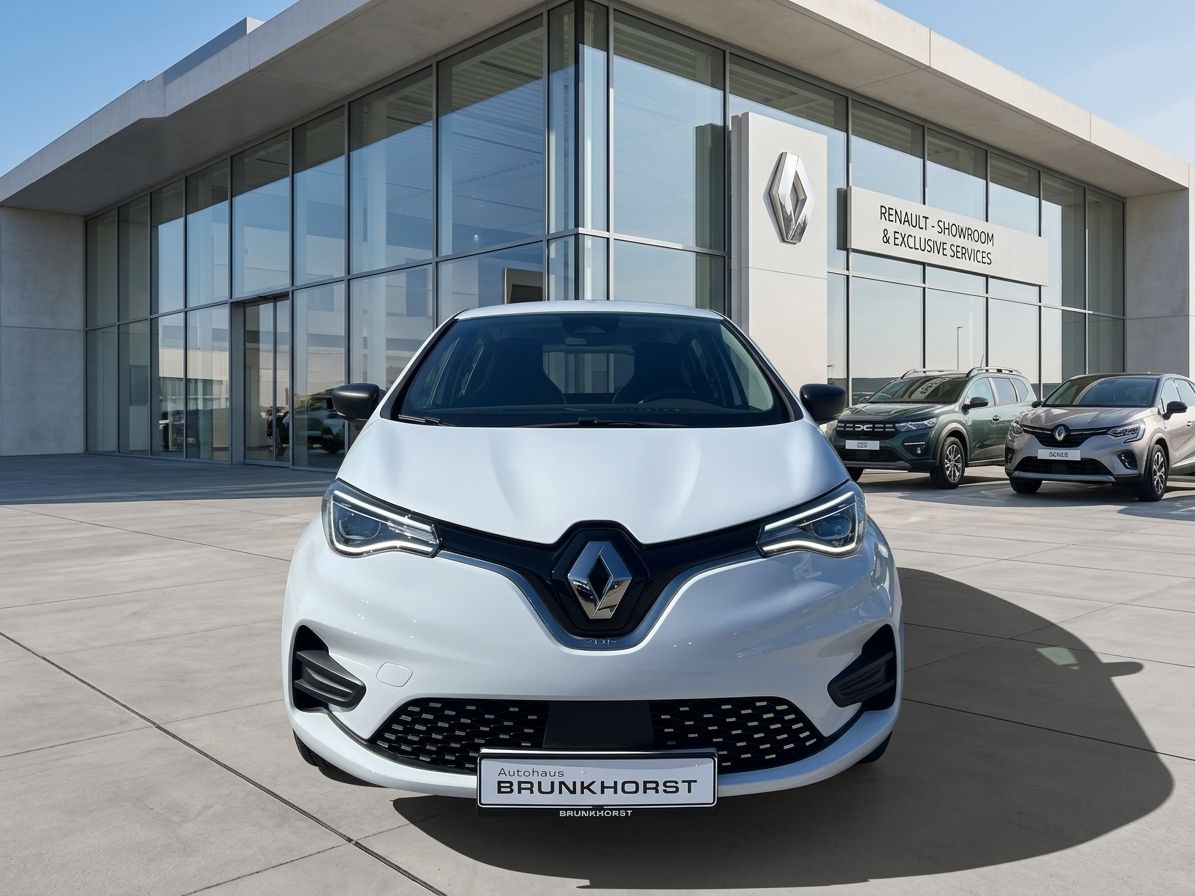 Weißer Renault ZOE Frontansicht vor Renault Showroom mit LED-Scheinwerfern