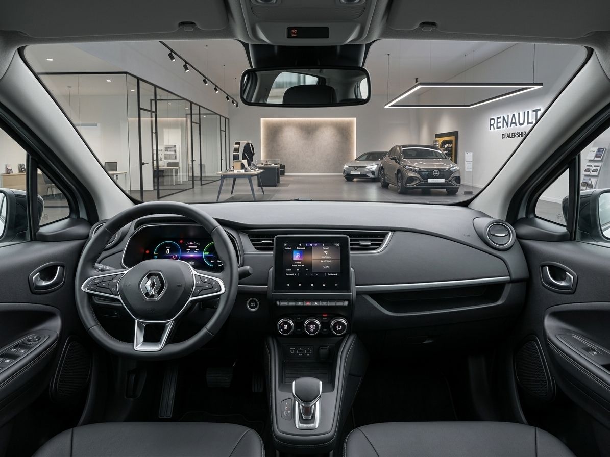 Renault Fahrzeug Innenraum mit Lenkrad, Touchscreen und Armaturenbrett im Autohaus Showroom