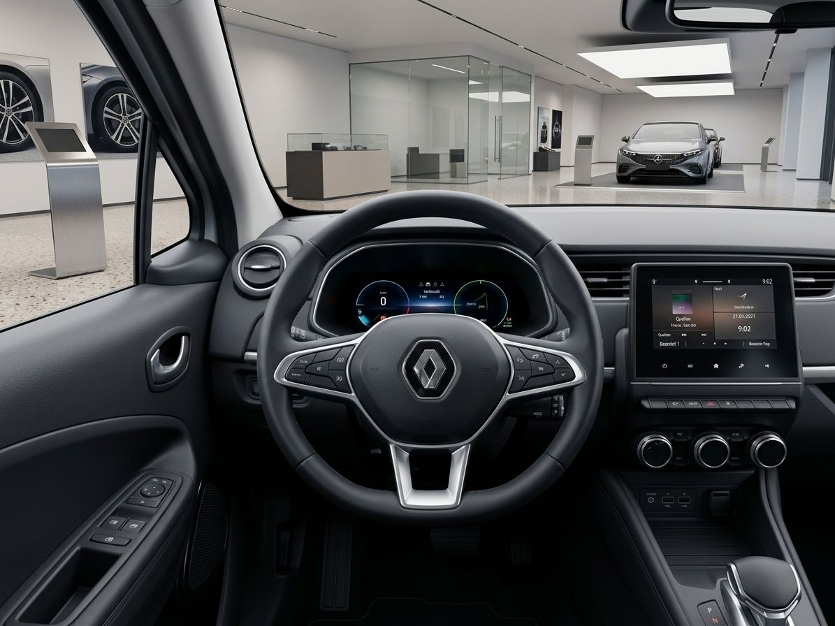 Renault Cockpit Innenansicht mit digitalem Display, Lenkrad und Mittelkonsole im Autohaus