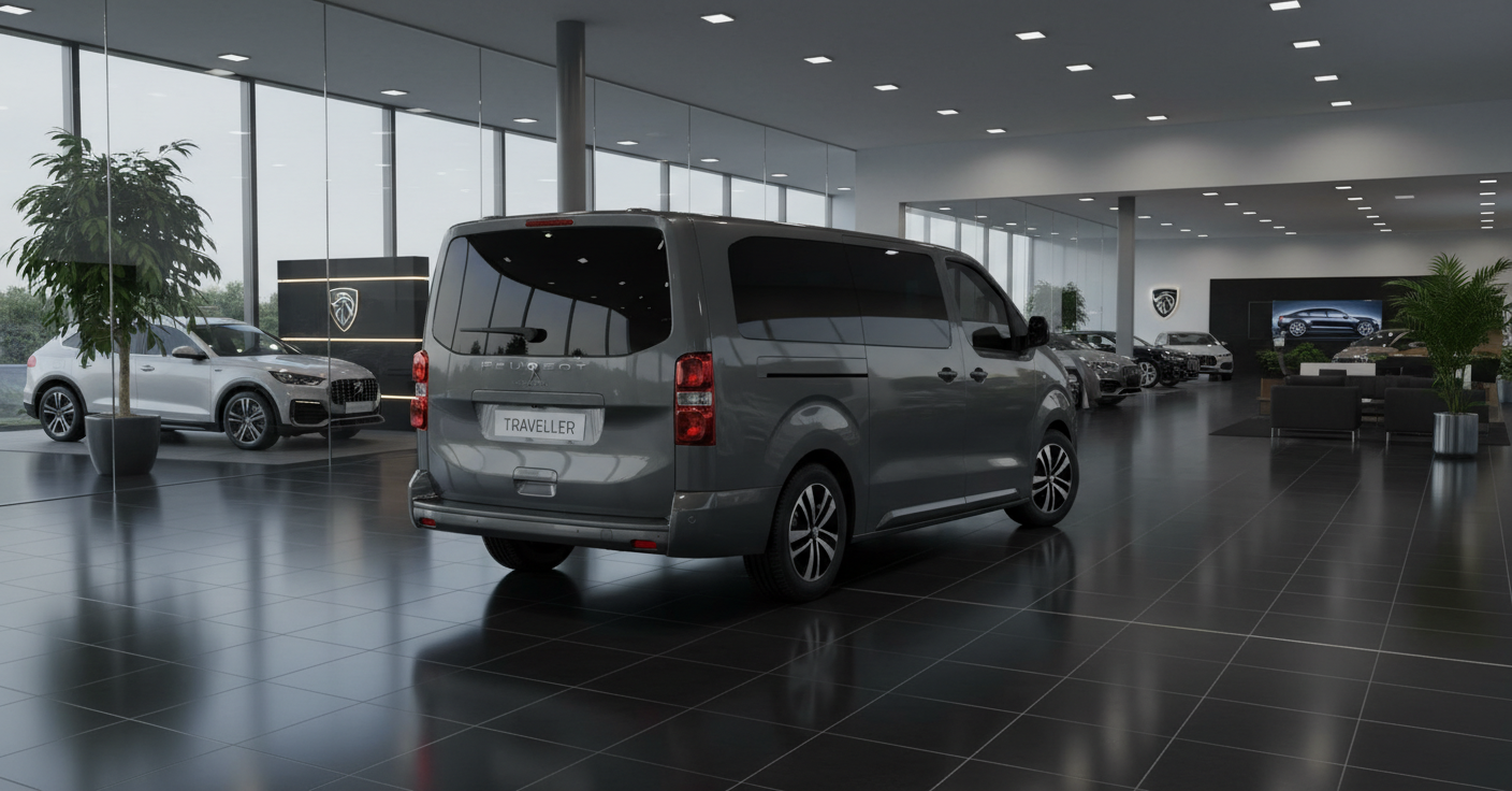 Grauer Peugeot Traveller Van in modernem Peugeot Autohaus Showroom mit großen Fensterfronten und weiteren Fahrzeugen im Hintergrund