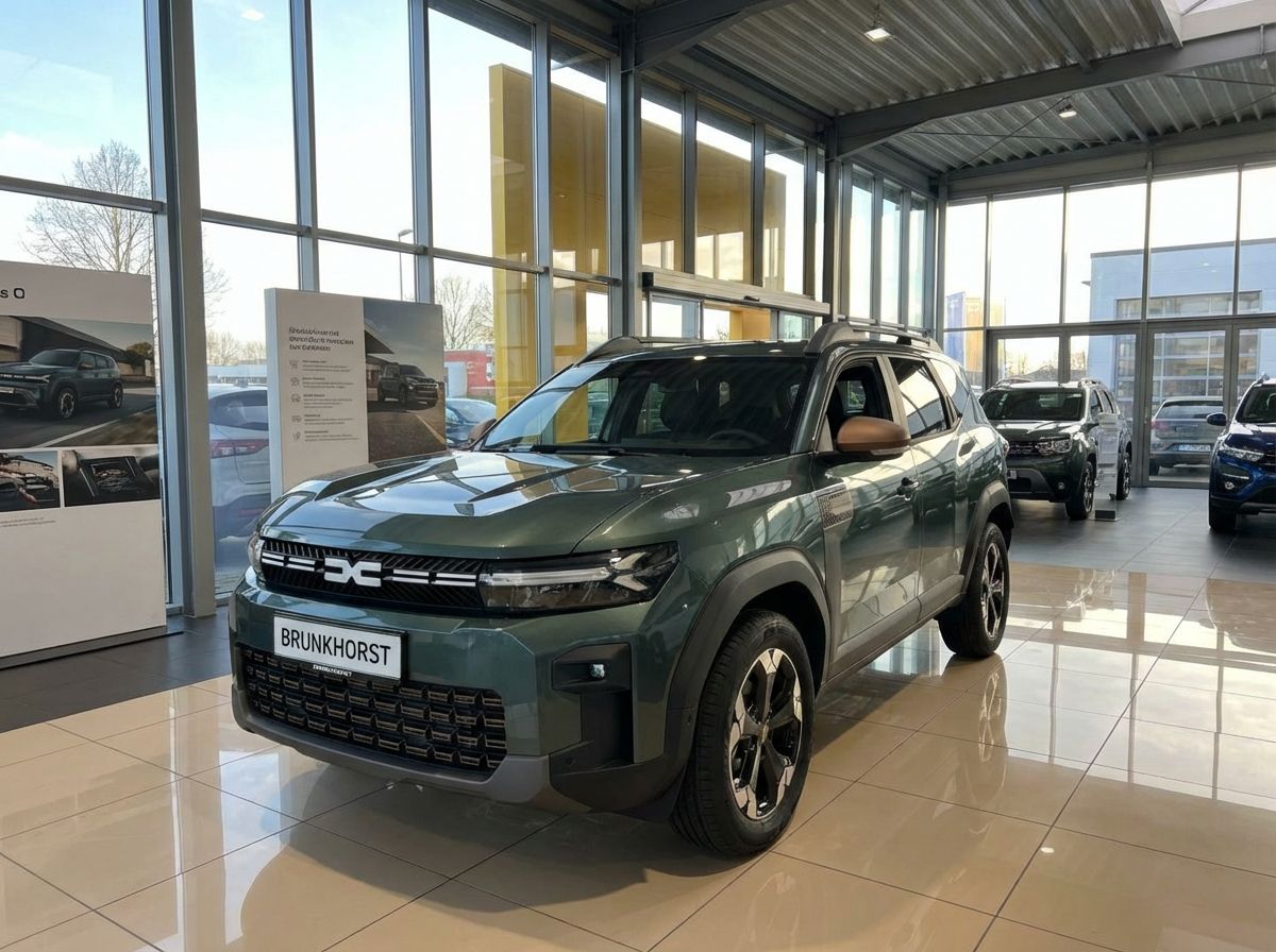 Dacia Duster SUV in Dunkelgrün im Autohaus Brunkhorst Showroom