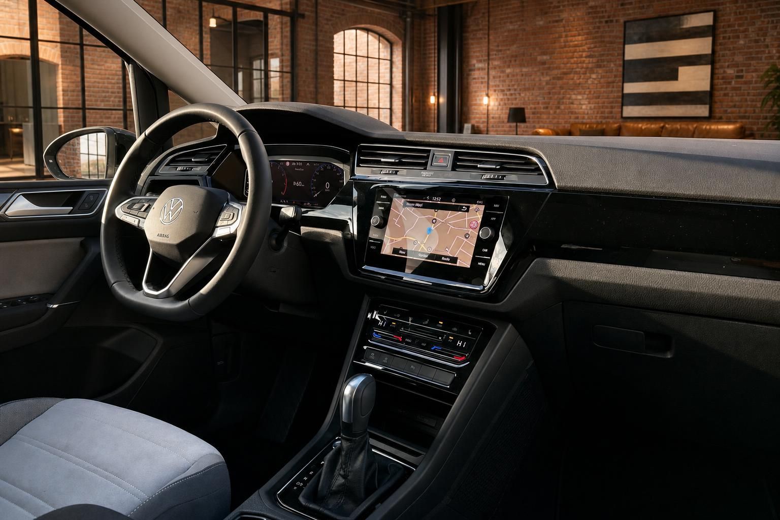 VW Cockpit mit Lenkrad, Digitaltacho und Navigationssystem im Detail