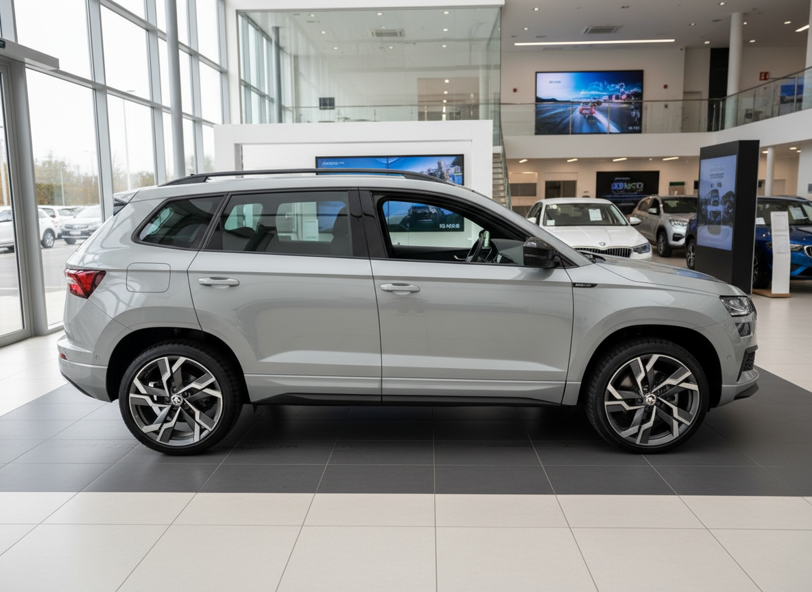 Škoda Karoq SportLine in Silbergrau in modernem Autohaus – SUV Seitenansicht