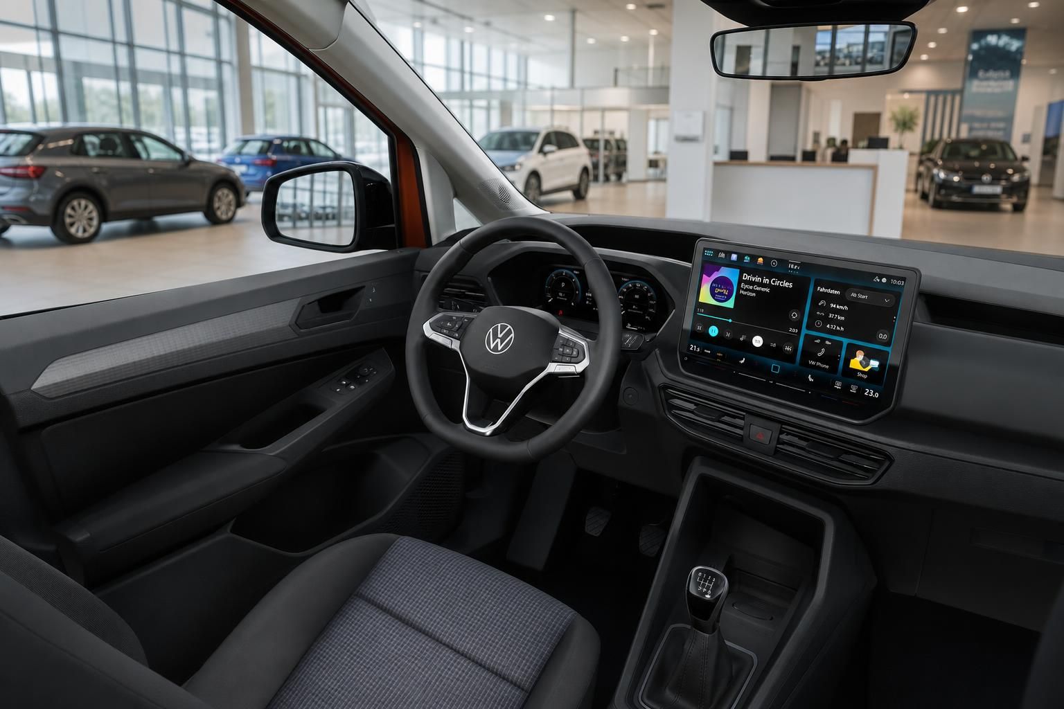 VW Caddy Innenraum mit Cockpit und digitalem Infotainment-Display