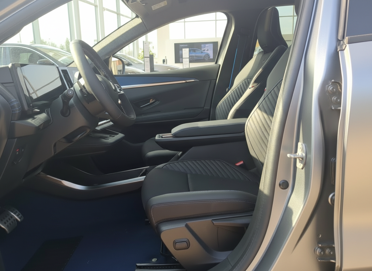 Modernes Fahrzeug Innenraum mit schwarzen Ledersitzen und digitalem Cockpit im Autohaus