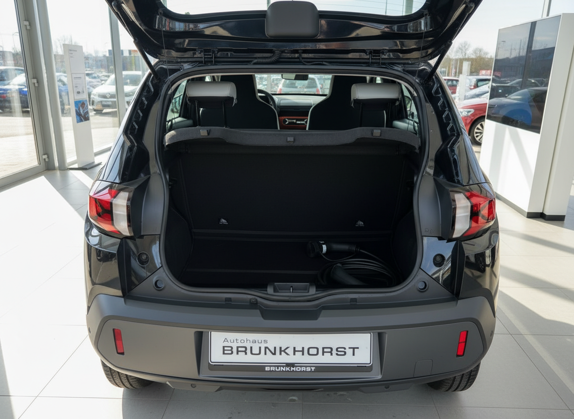 Schwarzes Elektroauto Heckansicht mit geöffnetem Kofferraum im Autohaus Brunkhorst