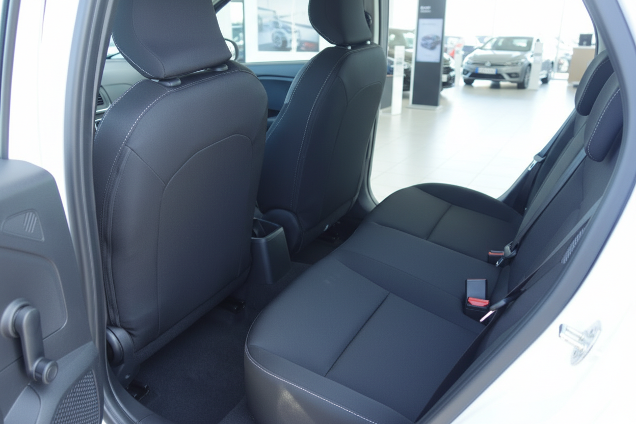 Schwarze Leder-Rücksitzbank im Fahrzeuginnenraum mit Sicherheitsgurten im Autohaus