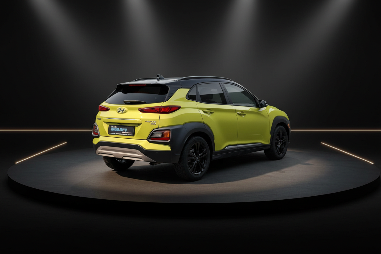 Hyundai Kona in Gelbgrün mit schwarzem Dach, Heckansicht im Showroom