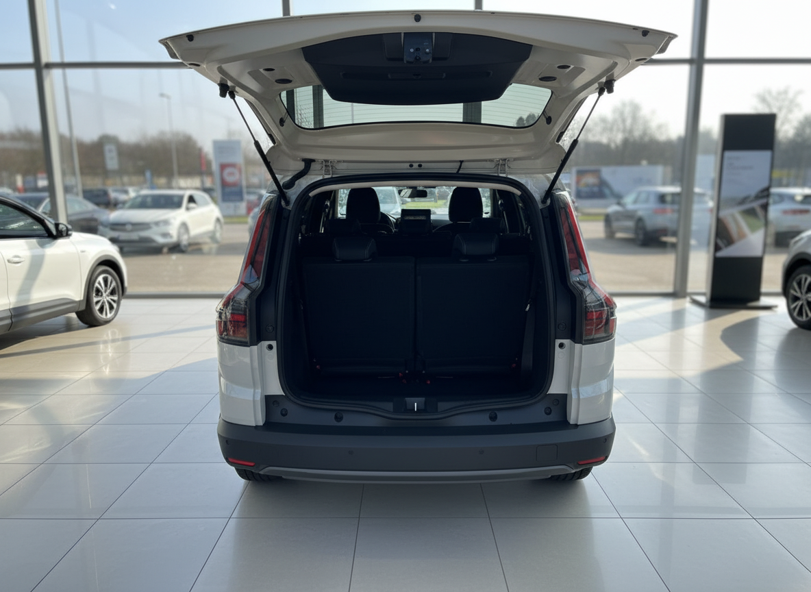 Weißer SUV mit geöffneter Heckklappe im Autohaus – großer Laderaum