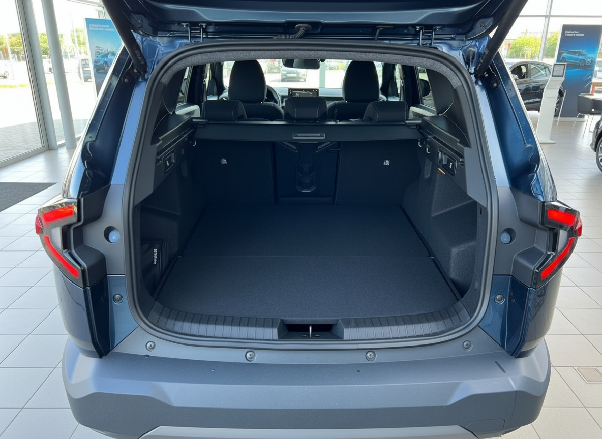 Geräumiger Kofferraum eines blauen SUV mit geöffneter Heckklappe im Autohaus