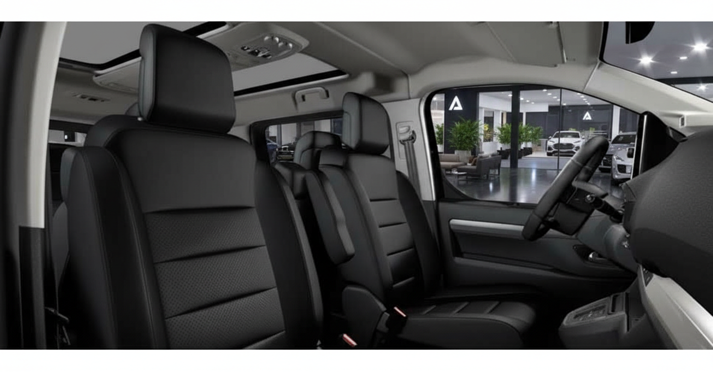 Innenraum eines modernen Vans mit schwarzen Ledersitzen, drei Sitzplätzen in der Vorderreihe, hellem Dachhimmel und Blick durch die Windschutzscheibe auf einen Autohaus-Showroom