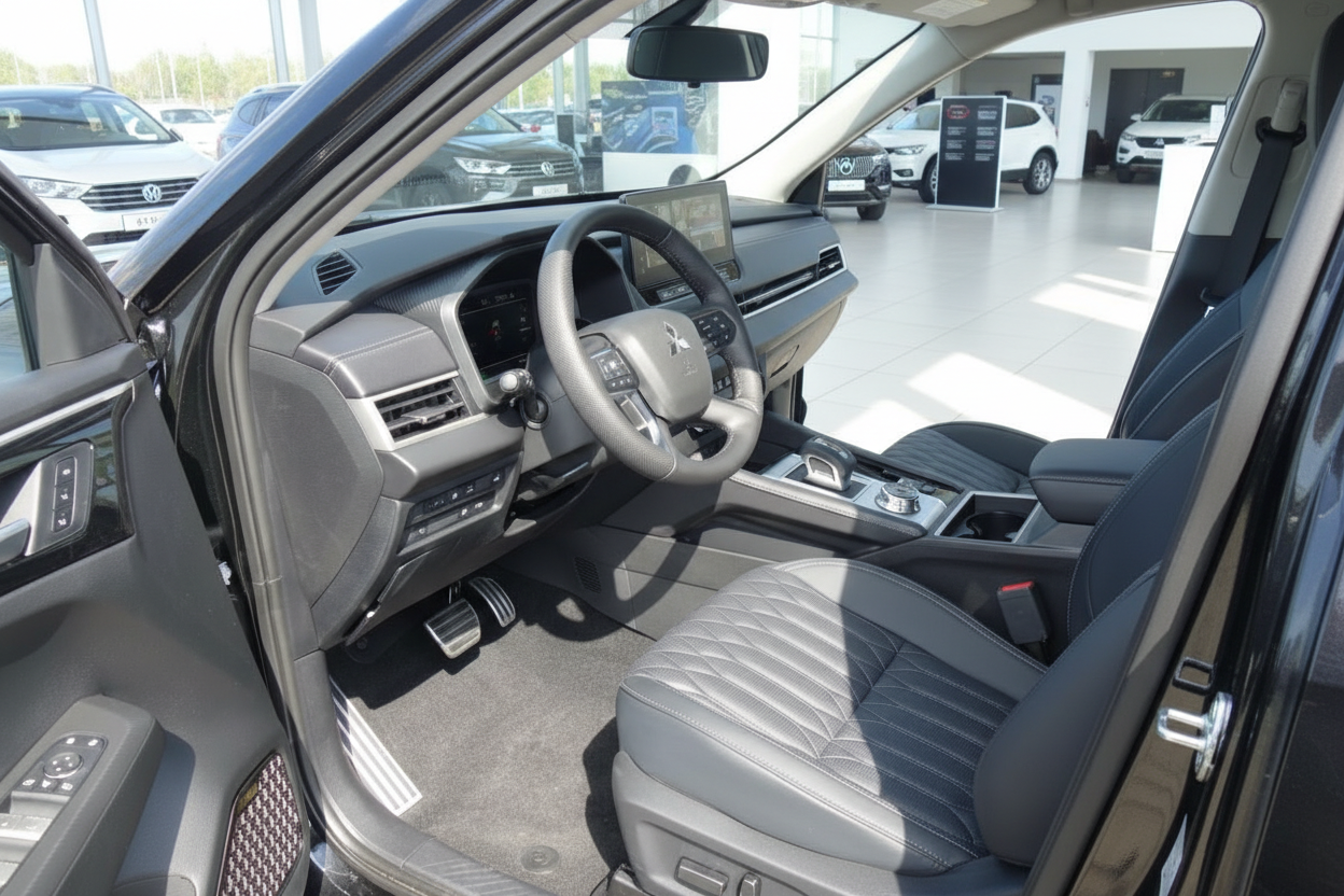 Mitsubishi SUV Innenraum mit schwarzem Leder, Multifunktionslenkrad und großem Touchscreen-Display