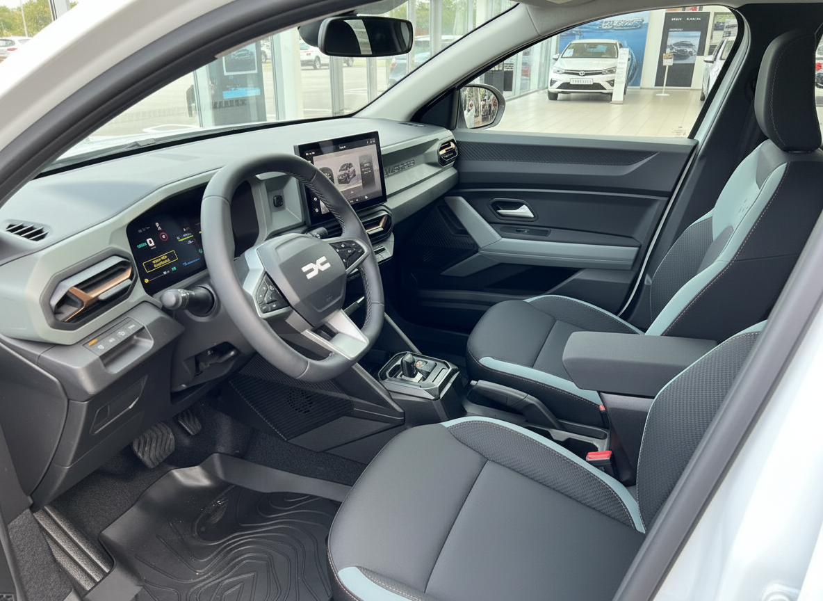 Dacia Duster Innenraum mit Lenkrad, Touchscreen-Display und Stoffsitzen in Grau-Schwarz