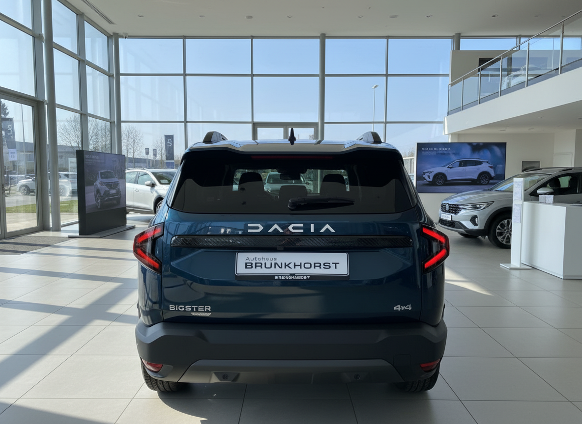 Dacia Bigster 4x4 in Dunkelblau Heckansicht im Autohaus Brunkhorst Showroom