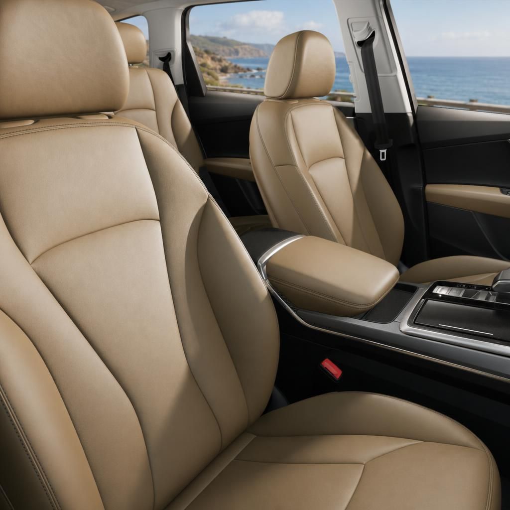 Beige Lederausstattung im Fahrzeuginnenraum mit komfortablen Sitzen und Meerblick durch Fenster