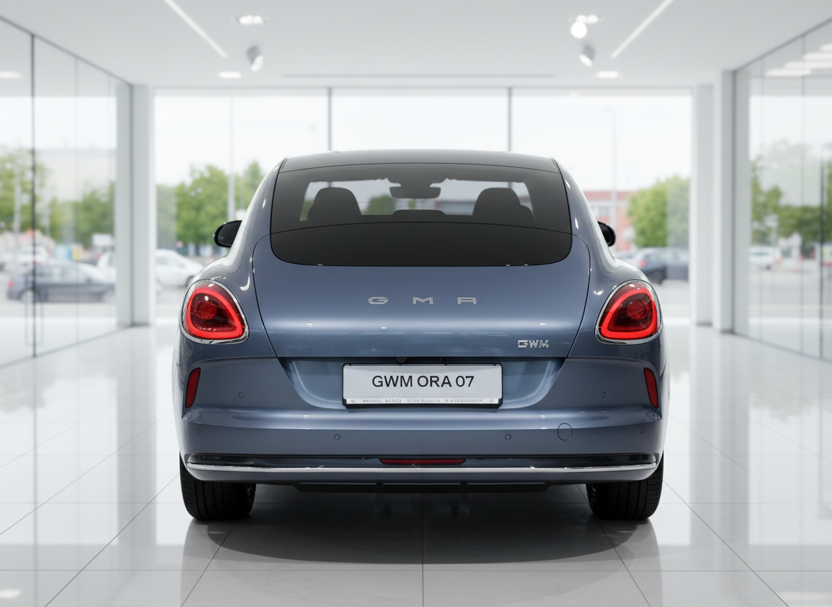 GWM ORA 07 in Blaugrau – Heckansicht im Autohaus-Showroom
