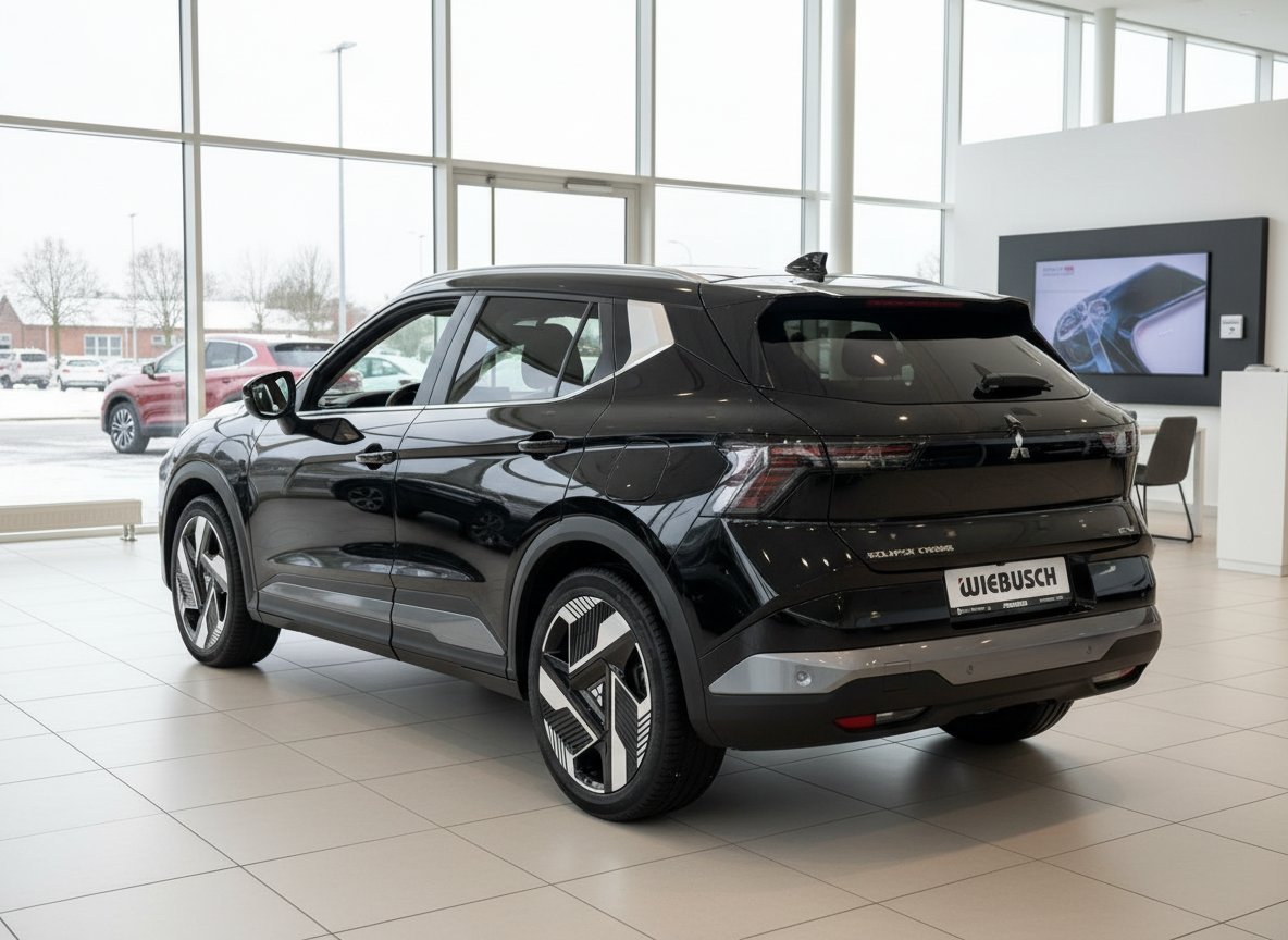Mitsubishi Eclipse Cross Schwarz Heckansicht im Autohaus Wiebusch Showroom