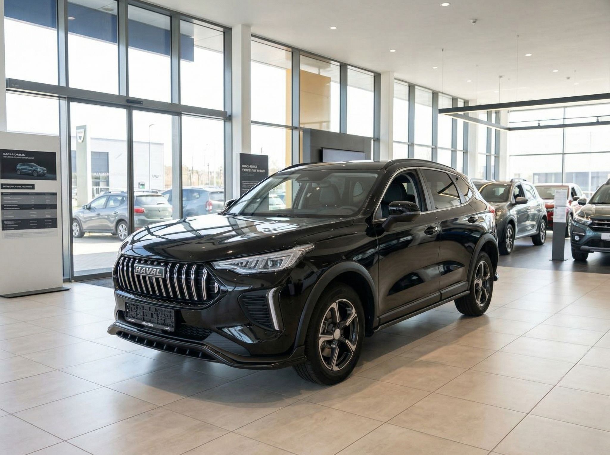Schwarzer Haval SUV im Autohaus Showroom - Frontansicht mit charakteristischem Kühlergrill