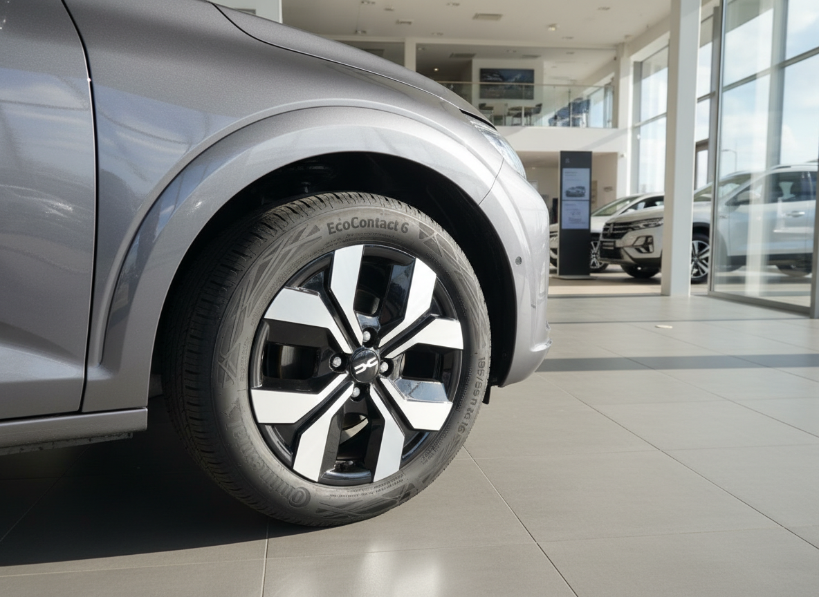 Grauer SUV mit Continental EcoContact 6 Reifen im Autohaus-Showroom