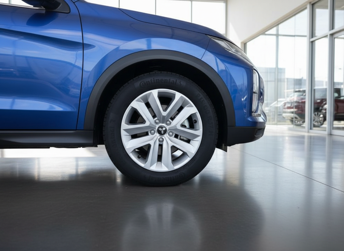 Blauer Mitsubishi SUV Vorderrad-Detail mit Continental Reifen im Autohaus