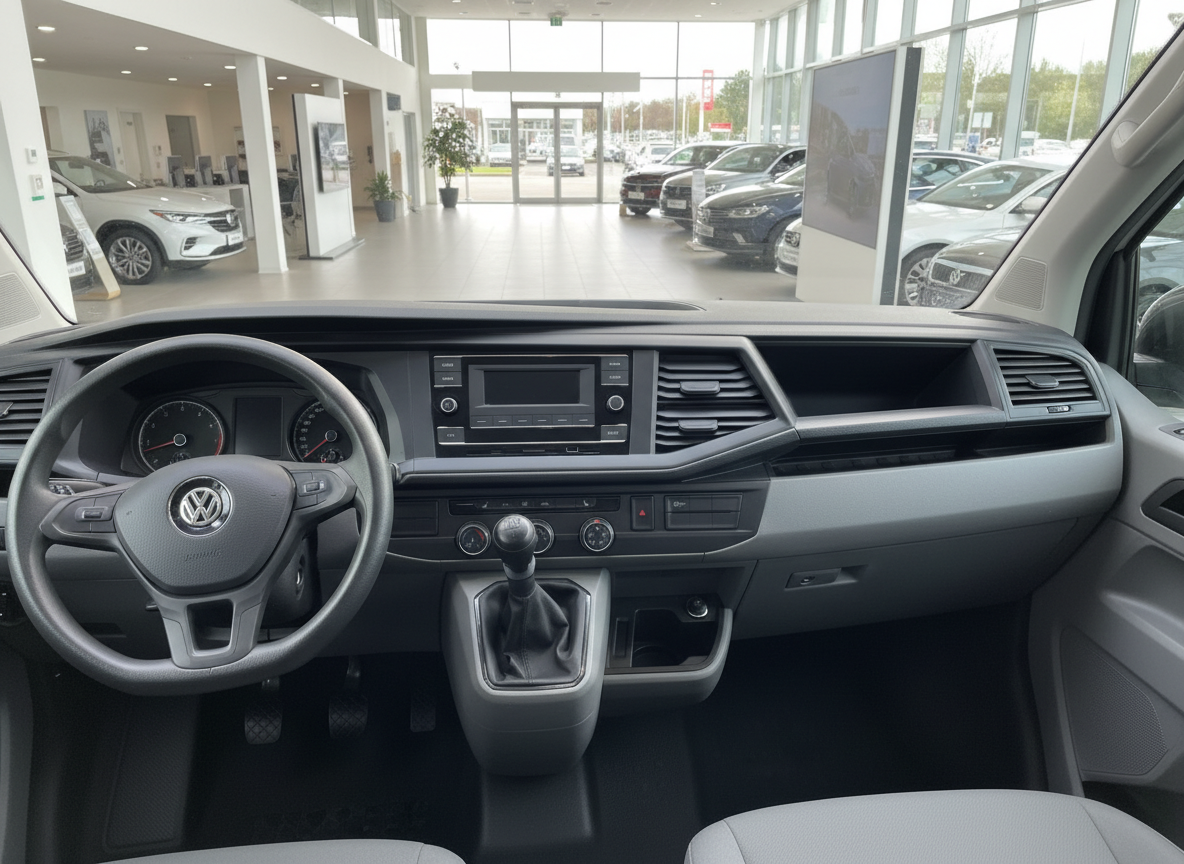 VW Transporter T6.1 Innenraum mit Cockpit, Lenkrad und Schaltgetriebe im VW-Autohaus