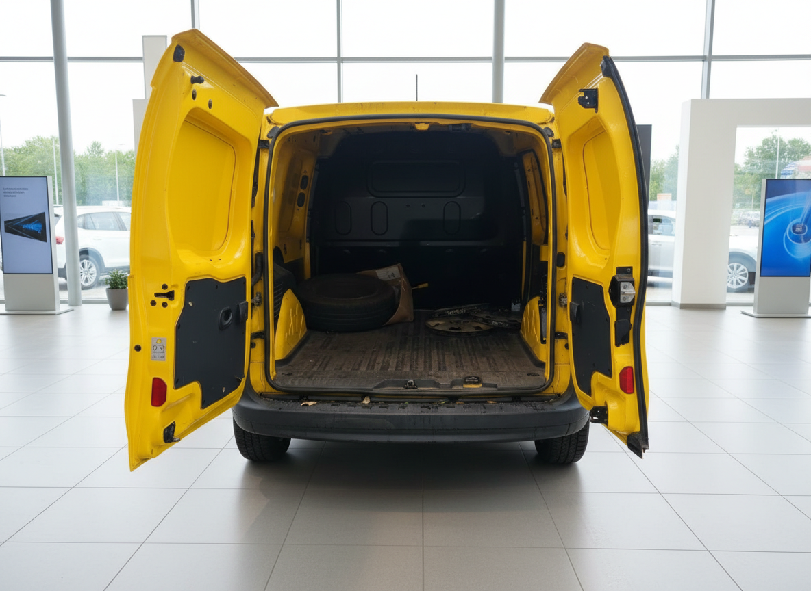 Gelber Transporter mit geöffneten Hecktüren und leerem Laderaum in Autohaus-Ausstellungsraum