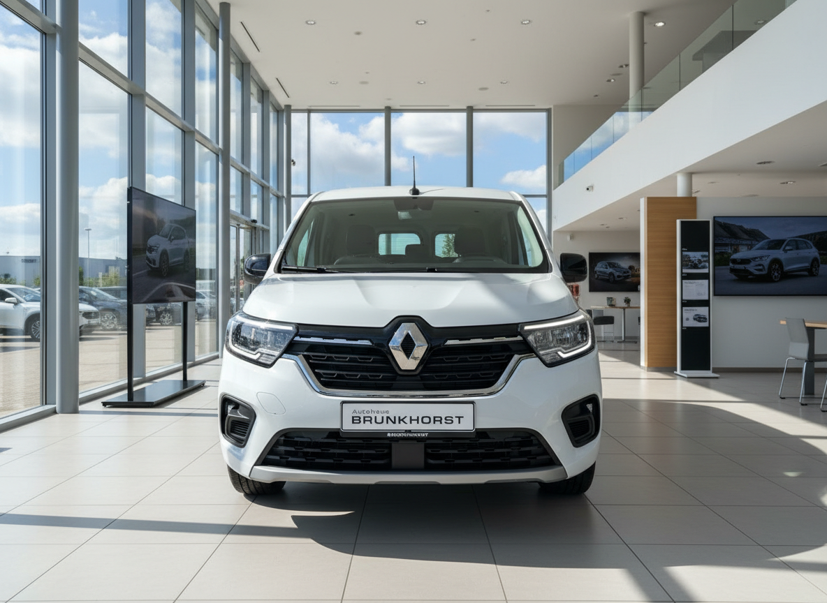 Weißer Renault Kangoo Frontansicht im Autohaus Brunkhorst Showroom